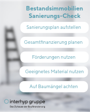 Bestandsimmobilien Sanierungs-Check: Sanierungsplan aufstellen, Gesamtfinanzierung planen, Förderungen nutzen, geeignetes Material nutzen und auf Baumängel achten.
